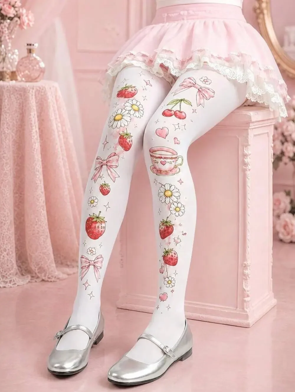 NWT White, Pink & Red Strawberry Cherry Teacup Bow Floral Print Tights